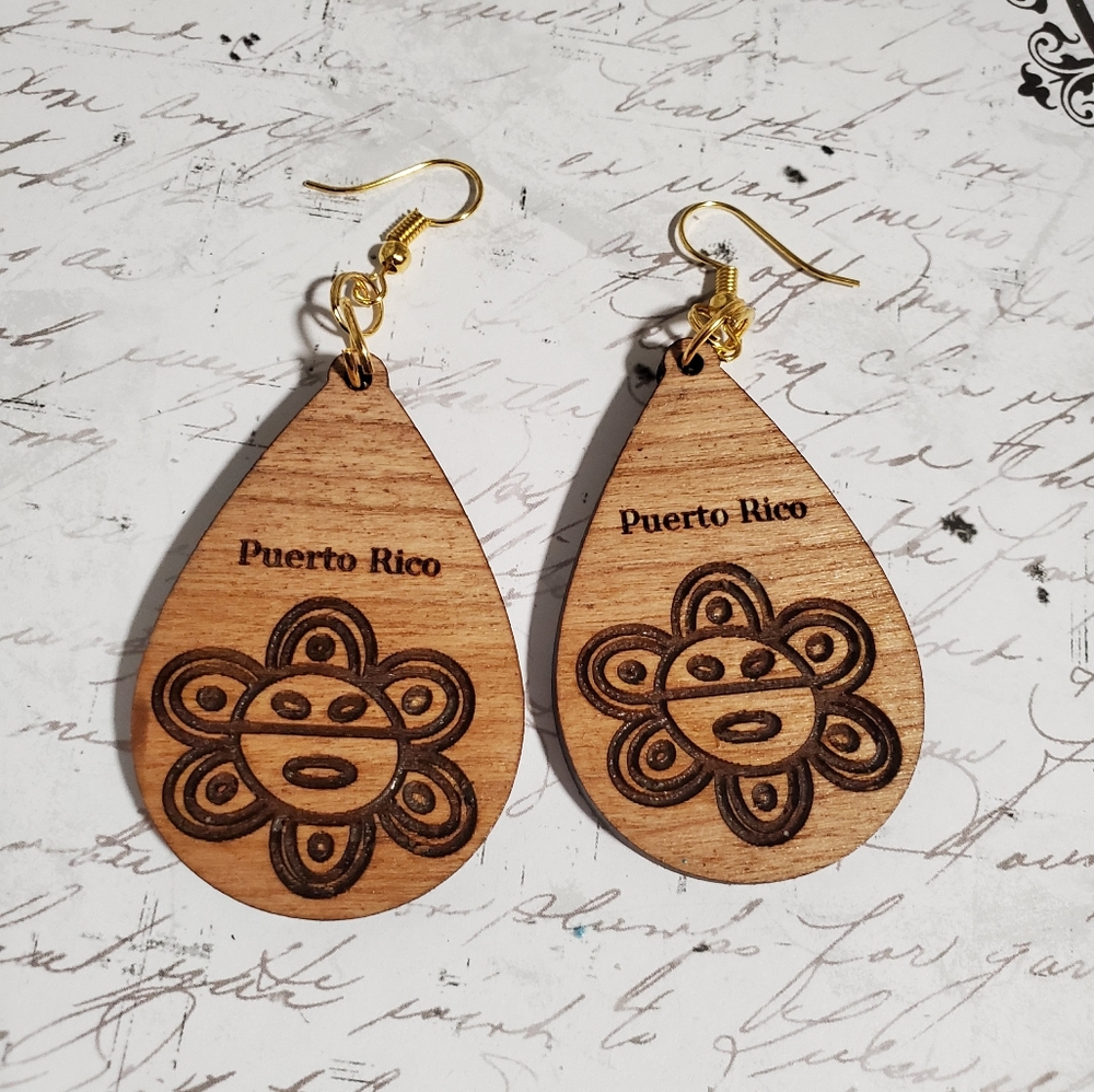 Puerto Rico Wood Engraved Taino Sun Earrings 2"